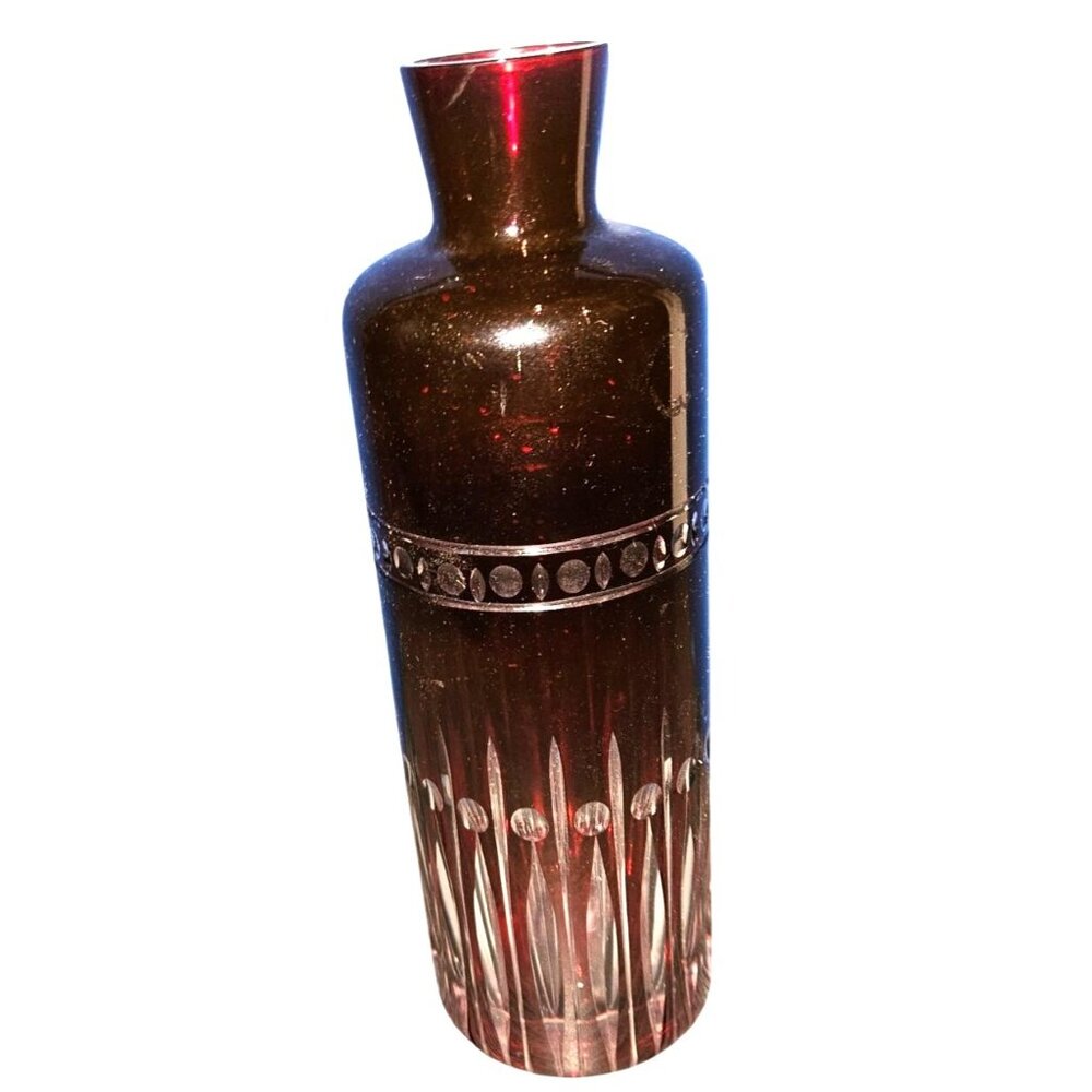 Vintage Cut to Clear Bohemian Vase‎ Ruby Red Glass 10 Inches Tall